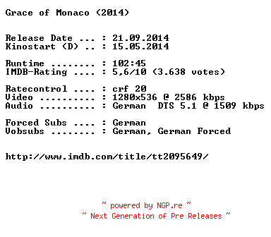NFO for the release Grace.of.Monaco.German.720p.BluRay.x264-EXQUiSiTE by EXQUiSiTE