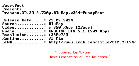 NFO for the release Dracano.3D.2013.720p.BluRay.x264-PussyFoot by PussyFoot