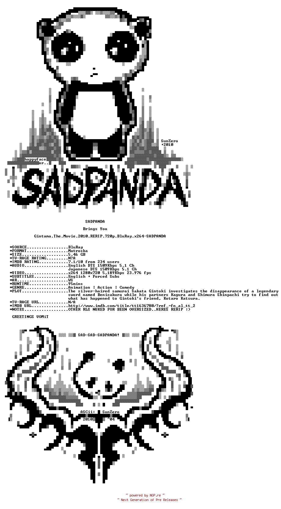 NFO for the release Gintama.The.Movie.2010.RERIP.720p.BluRay.x264-SADPANDA by SADPANDA