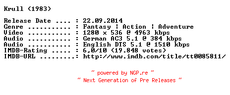 NFO for the release Krull.1983.GERMAN.AC3D.DL.720p.BluRay.x264-COOLHD by COOLHD
