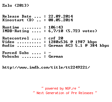 NFO for the release Zulu.German.720p.BluRay.x264-EXQUiSiTE by EXQUiSiTE