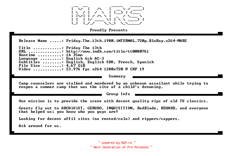 NFO for the release Friday.The.13th.1980.iNTERNAL.720p.BluRay.x264-MARS by MARS