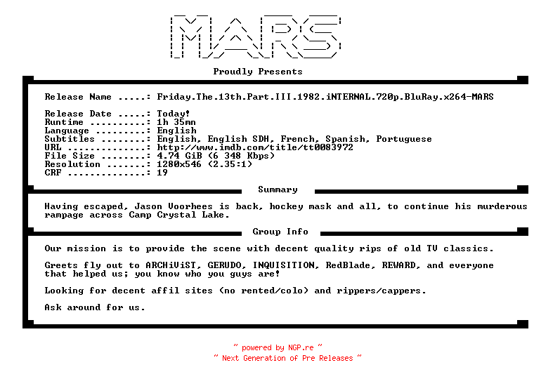 NFO for the release Friday.The.13th.Part.III.1982.iNTERNAL.720p.BluRay.x264-MARS by MARS