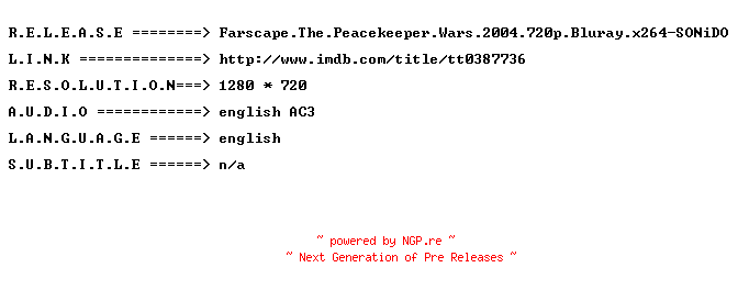 NFO for the release Farscape.The.Peacekeeper.Wars.2004.720p.BluRay.x264-SONiDO by SONiDO