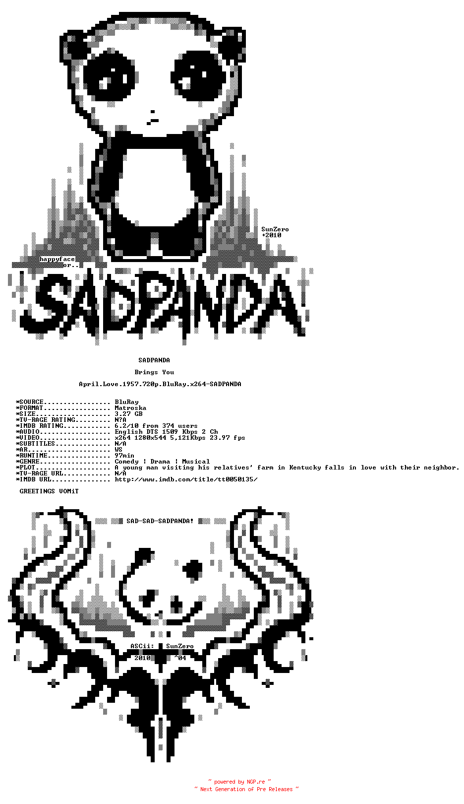 NFO for the release April.Love.1957.720p.BluRay.x264-SADPANDA by SADPANDA