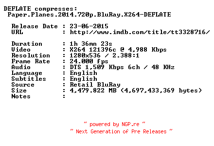 NFO for the release Paper.Planes.2014.720p.BluRay.X264-DEFLATE by DEFLATE