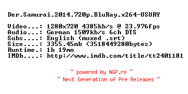 NFO for the release Der.Samurai.2014.720p.BluRay.x264-USURY by USURY