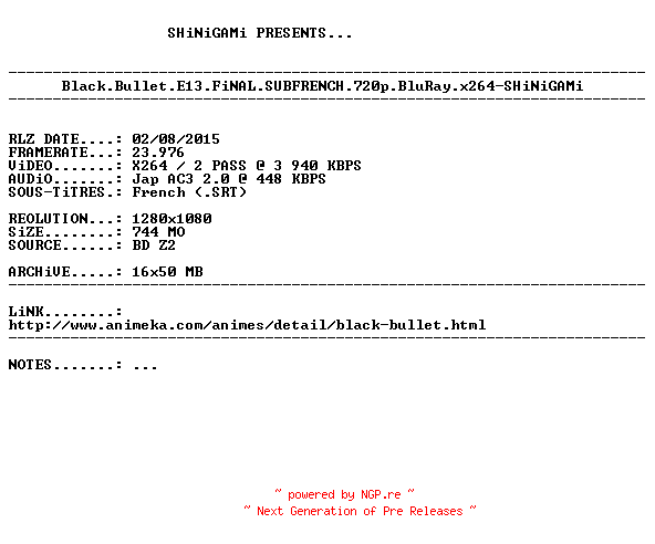 NFO for the release Black.Bullet.E13.FiNAL.SUBFRENCH.720p.BluRay.x264-SHiNiGAMi by SHiNiGAMi