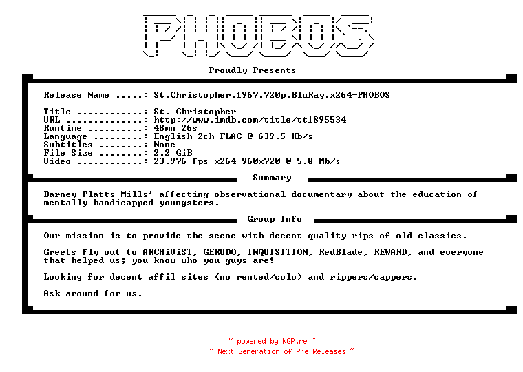 NFO for the release St.Christopher.1967.720p.BluRay.x264-PHOBOS by PHOBOS
