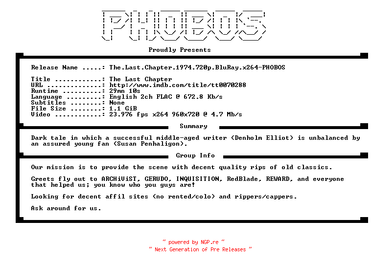 NFO for the release The.Last.Chapter.1974.720p.BluRay.x264-PHOBOS by PHOBOS