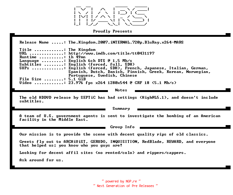 NFO for the release The.Kingdom.2007.iNTERNAL.720p.BluRay.x264-MARS by MARS
