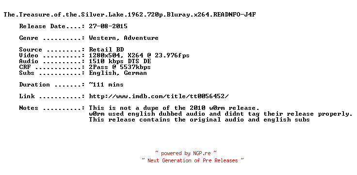 NFO for the release The.Treasure.of.the.Silver.Lake.1962.720p.Bluray.x264.READNFO-J4F by J4F