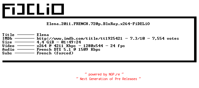 NFO for the release Elena.2011.FRENCH.720p.BluRay.x264-FiDELiO by FiDELiO