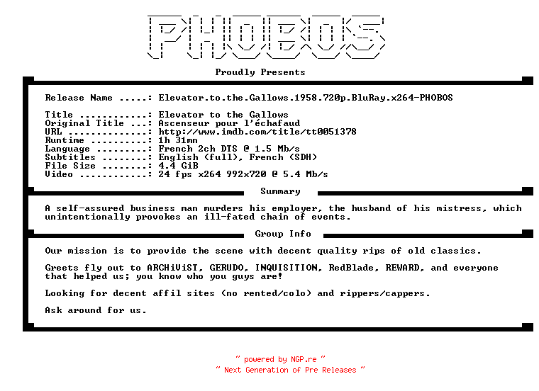 NFO for the release Elevator.to.the.Gallows.1958.720p.BluRay.x264-PHOBOS by PHOBOS