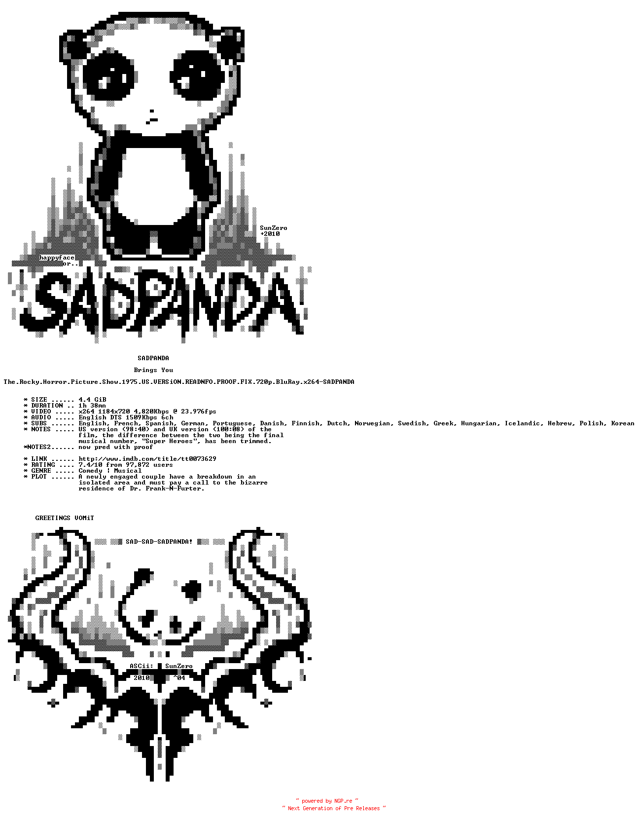 NFO for the release The.Rocky.Horror.Picture.Show.1975.US.VERSiON.READNFO.PROOF.FIX.720p.BluRay.x264-SADPANDA by SADPANDA