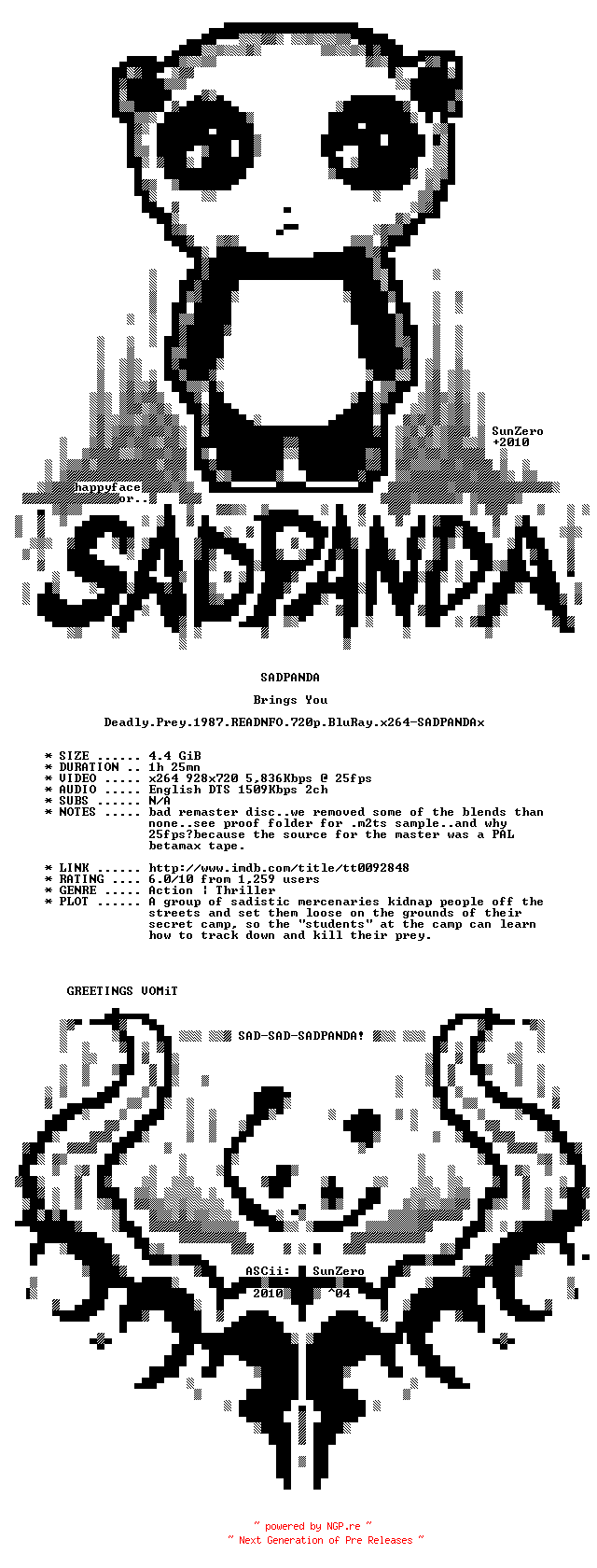 NFO for the release Deadly.Prey.1987.READNFO.720p.BluRay.x264-SADPANDAx by SADPANDAx