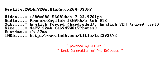 NFO for the release Reality.2014.720p.BluRay.x264-USURY by USURY