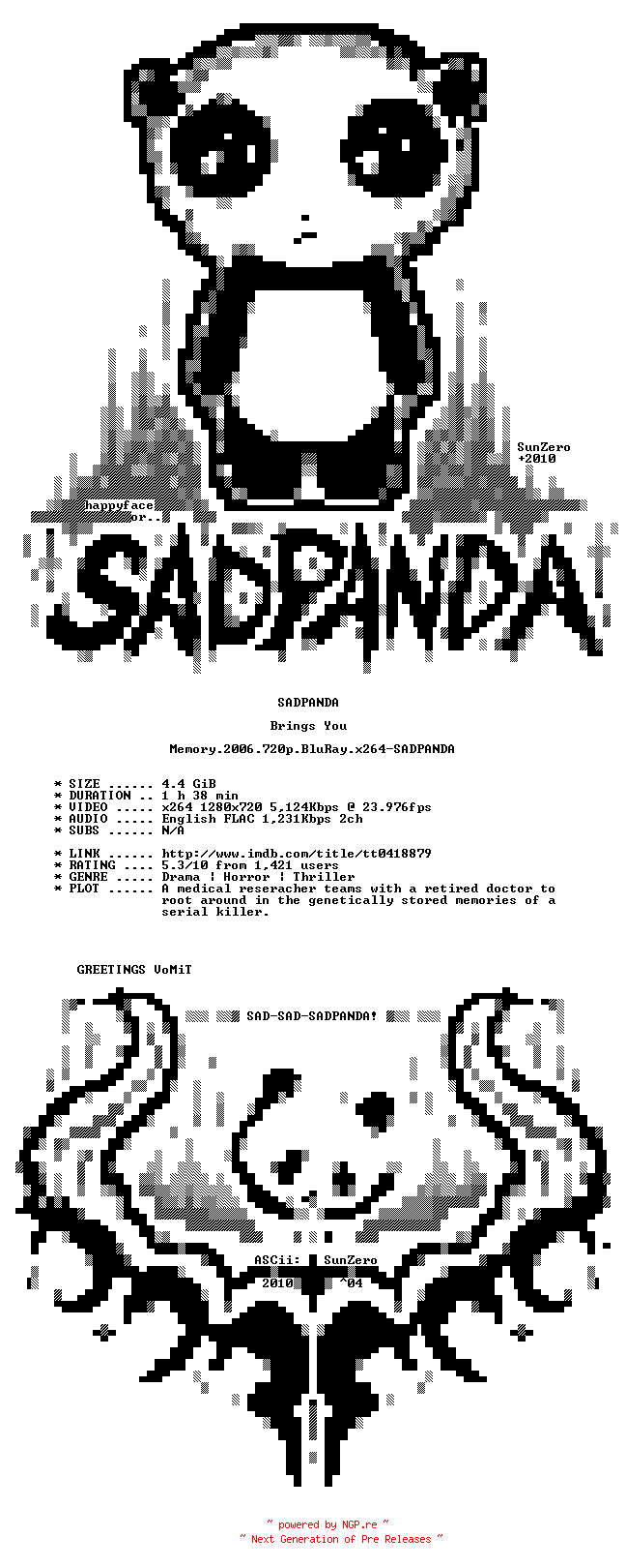NFO for the release Memory.2006.720p.BluRay.x264-SADPANDA by SADPANDA