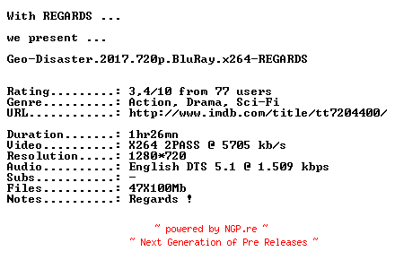 NFO for the release Geo-Disaster.2017.720p.BluRay.x264-REGARDS by REGARDS