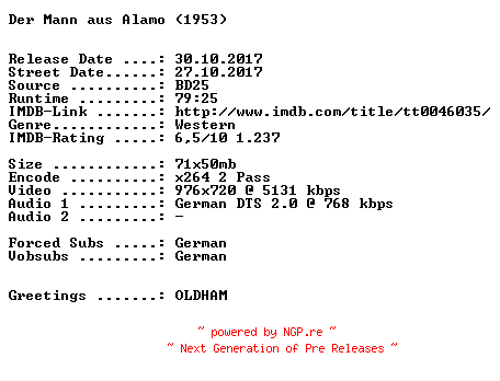 NFO for the release Der.Mann.aus.Alamo.1953.German.720p.BluRay.x264-SPiCY by SPiCY