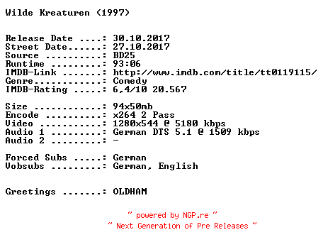 NFO for the release Wilde.Kreaturen.1997.German.720p.BluRay.x264-SPiCY by SPiCY