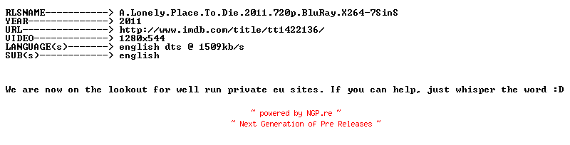 NFO for the release A.Lonely.Place.To.Die.2011.720p.BluRay.X264-7SinS by 7SinS