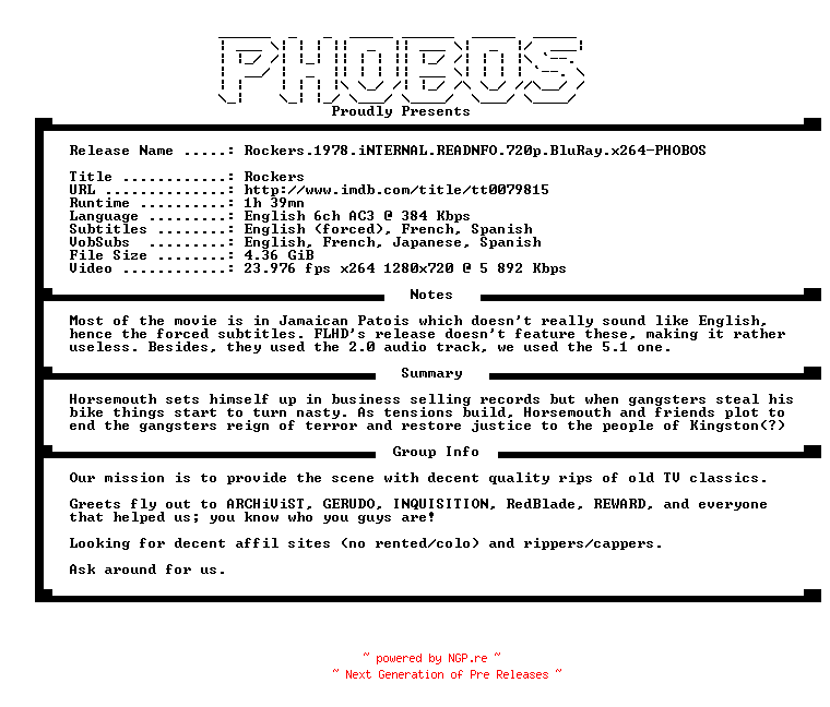 NFO for the release Rockers.1978.iNTERNAL.READNFO.720p.BluRay.x264-PHOBOS by PHOBOS