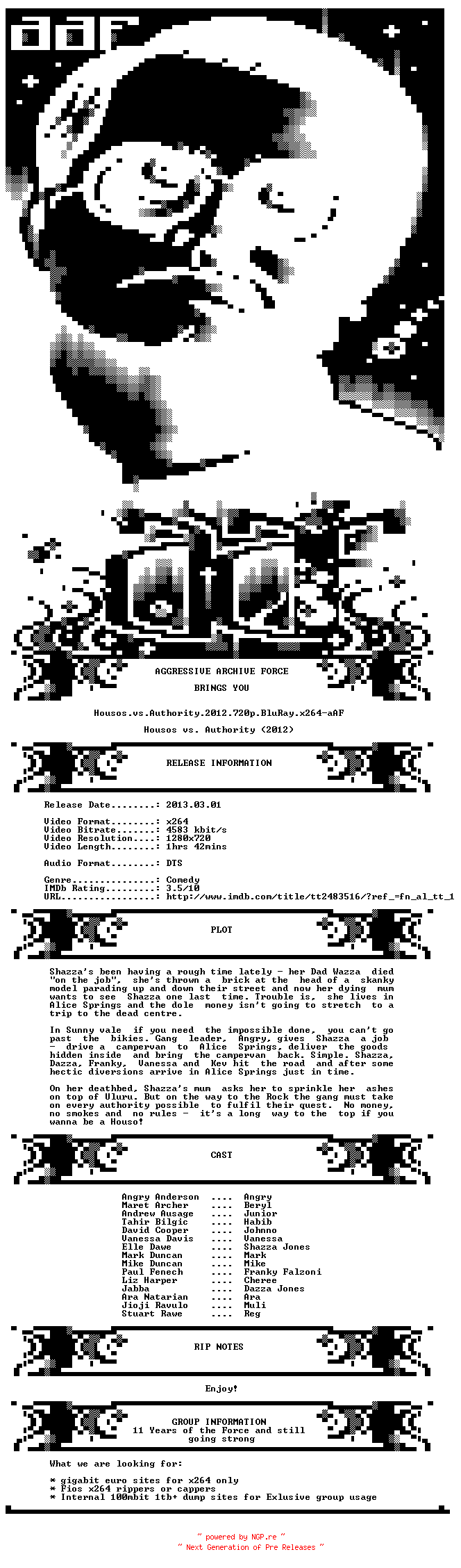 NFO for the release Housos.vs.Authority.2012.720p.BluRay.x264-aAF by aAF