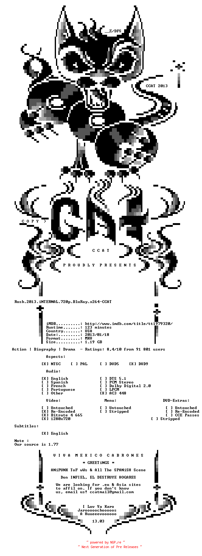 NFO for the release Rush.2013.iNTERNAL.720p.BluRay.x264-CCAT by CCAT