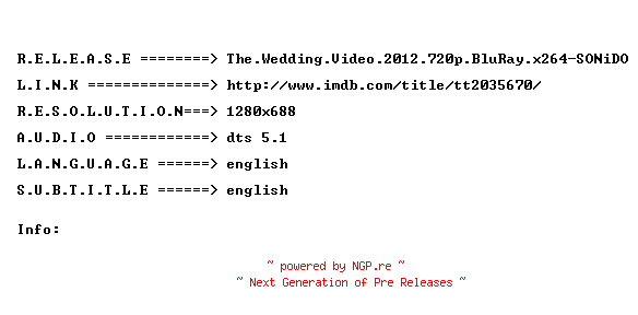 NFO for the release The.Wedding.Video.2012.720p.BluRay.x264-SONiDO by SONiDO