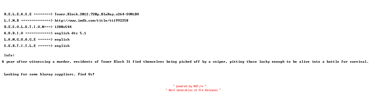 NFO for the release Tower.Block.2012.720p.BluRay.x264-SONiDO by SONiDO
