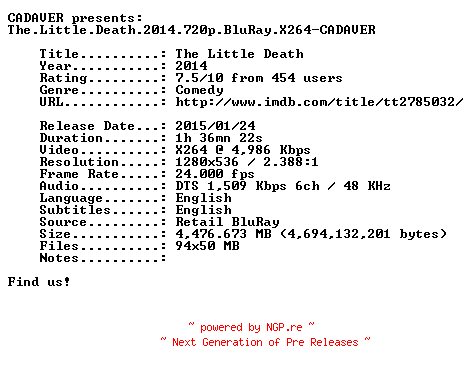NFO for the release The.Little.Death.2014.720p.BluRay.X264-CADAVER by CADAVER