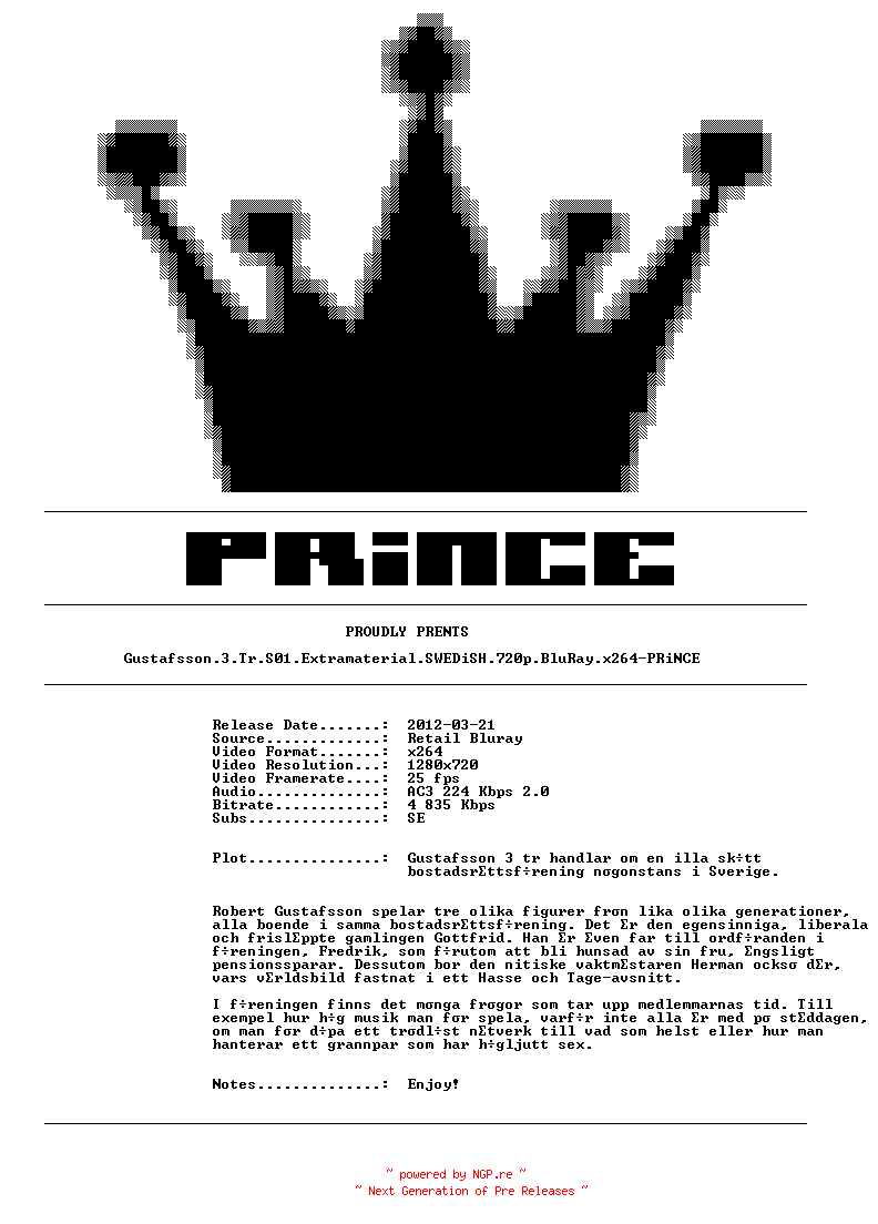 NFO for the release Gustafsson.3.Tr.S01.Extramaterial.SWEDiSH.720p.BluRay.x264-PRiNCE by PRiNCE