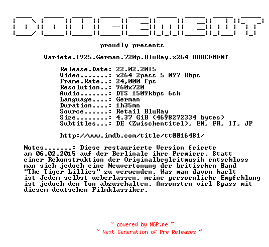 NFO for the release Variete.1925.German.720p.BluRay.x264-DOUCEMENT by DOUCEMENT