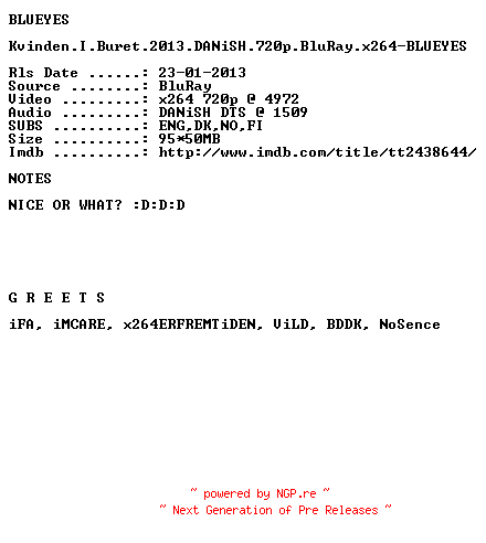 NFO for the release Kvinden.I.Buret.2013.DANiSH.720p.BluRay.x264-BLUEYES by BLUEYES