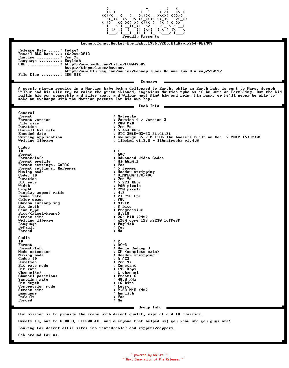 NFO for the release Looney.Tunes.Rocket-Bye.Baby.1956.720p.BluRay.x264-DEiMOS by DEiMOS