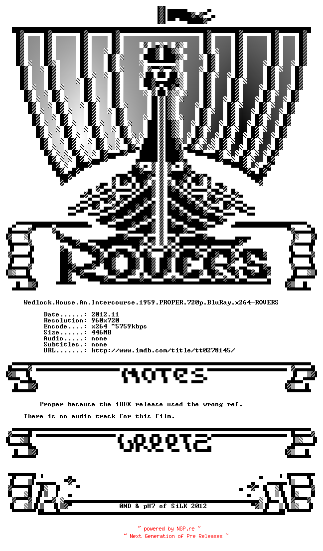 NFO for the release Wedlock.House.An.Intercourse.1959.PROPER.720p.BluRay.x264-ROVERS by ROVERS