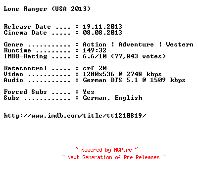 NFO for the release Lone.Ranger.German.720p.BluRay.x264-EXQUiSiTE by EXQUiSiTE