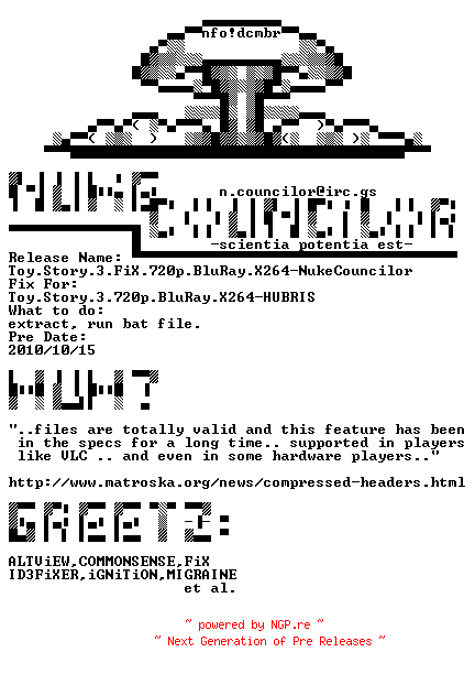 NFO for the release Toy.Story.3.FiX.720p.BluRay.X264-NukeCouncilor by NukeCouncilor