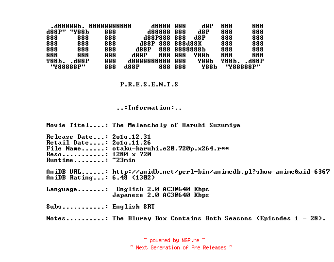 NFO for the release The.Melancholy.of.Haruhi.Suzumiya.E20.The.Sigh.of.Haruhi.Suzumiya.Part.1.720p.BluRay.x264-OTAKU by OTAKU