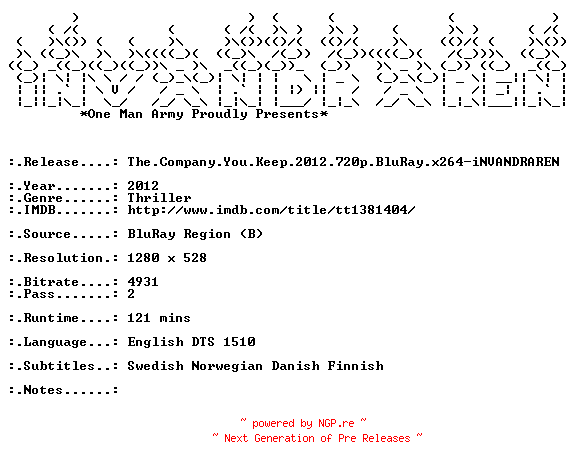 NFO for the release The.Company.You.Keep.2012.720p.BluRay.x264-iNVANDRAREN by iNVANDRAREN