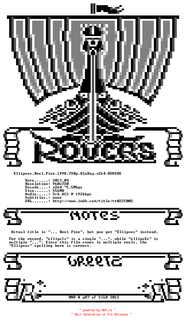 NFO for the release Ellipses.Reel.Five.1998.720p.BluRay.x264-ROVERS by ROVERS