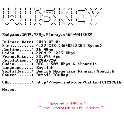NFO for the release Endgame.2009.720p.Bluray.x264-WHiSKEY by WHiSKEY