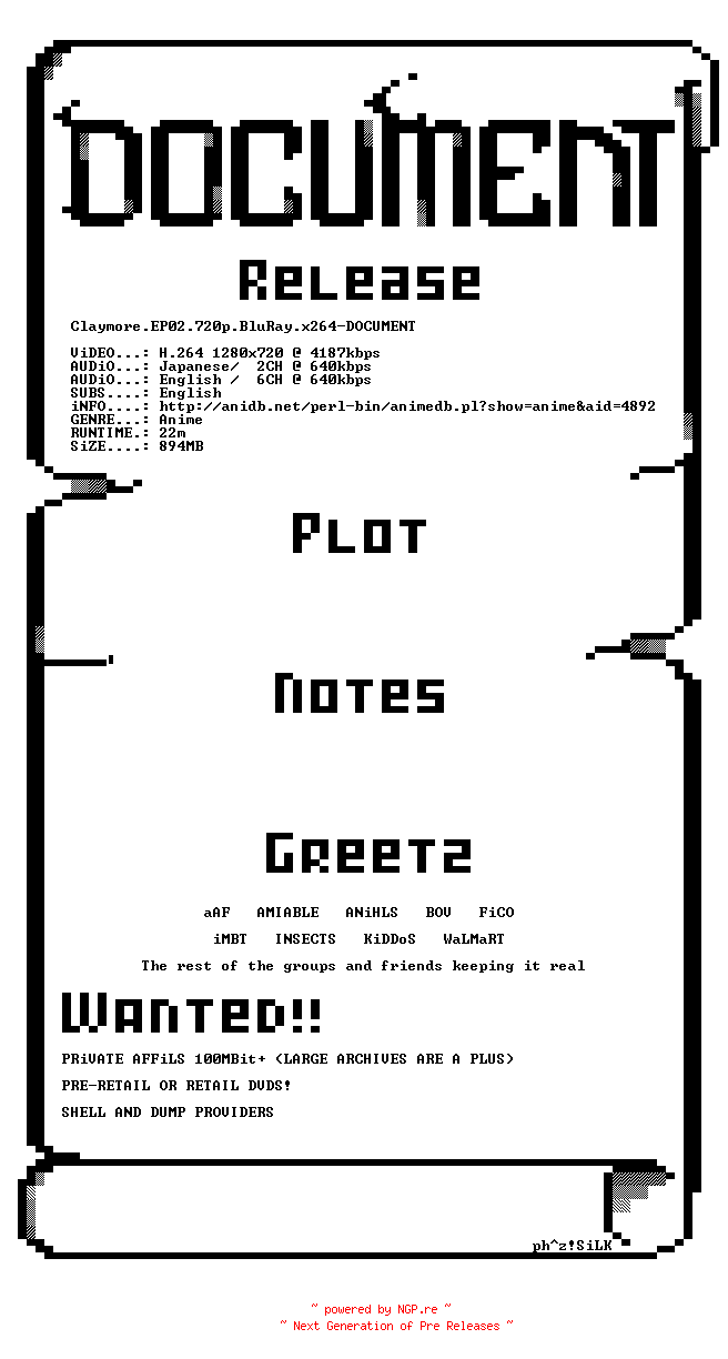 NFO for the release Claymore.EP02.720p.BluRay.x264-DOCUMENT by DOCUMENT