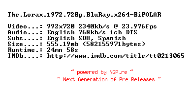 NFO for the release The.Lorax.1972.720p.BluRay.x264-BiPOLAR by BiPOLAR