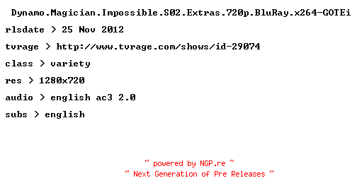 NFO for the release Dynamo.Magician.Impossible.S02.Extras.720p.BluRay.x264-GOTEi by GOTEi