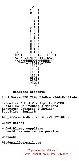 NFO for the release Soul.Eater.E20.720p.BluRay.x264-RedBlade by RedBlade