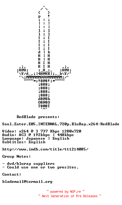 NFO for the release Soul.Eater.E05.INTERNAL.720p.BluRay.x264-RedBlade by RedBlade