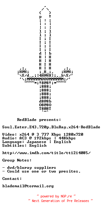 NFO for the release Soul.Eater.E43.720p.BluRay.x264-RedBlade by RedBlade