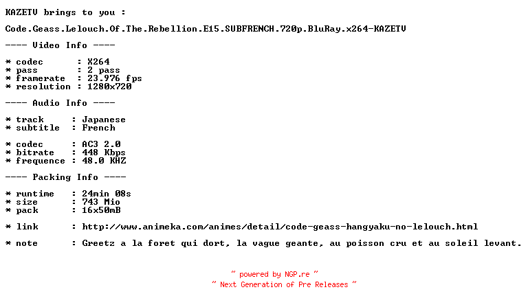 NFO for the release Code.Geass.Lelouch.Of.The.Rebellion.E15.SUBFRENCH.720p.BluRay.x264-KAZETV by KAZETV